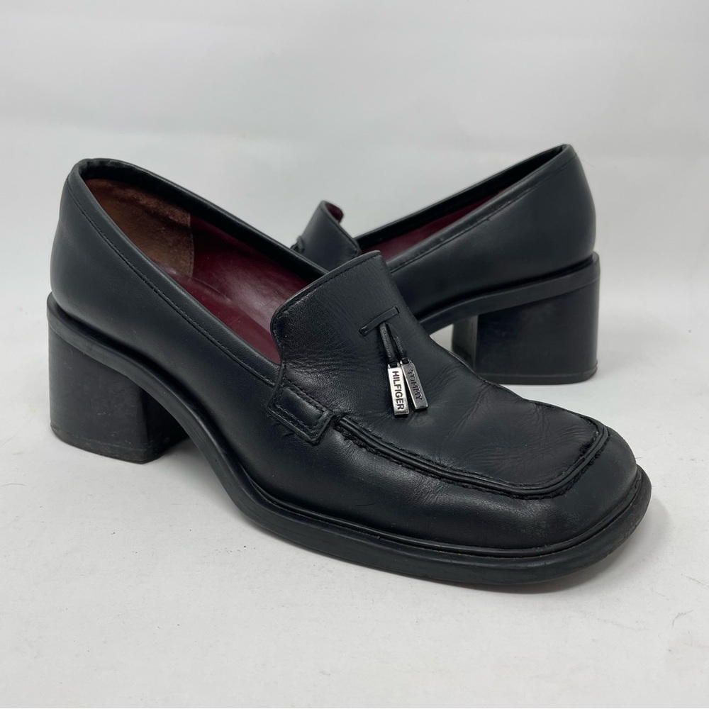 🦇 Vintage Y2K Tommy Hilfiger Black Leather Loafers Chunky Heel Tassel 🦇